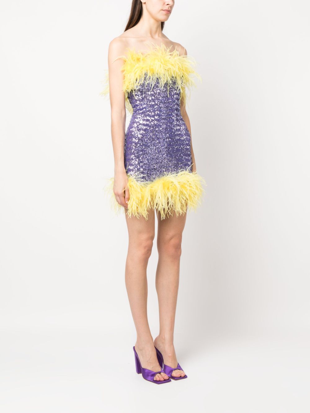 Yellow and lilac sequinned feather-trim minidress - women - OSÃ