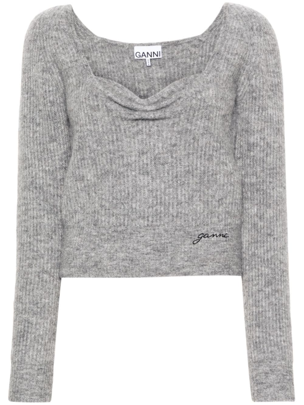 Maglione con collo a cuore ricamato con logo in grigio - donna - GANNI 