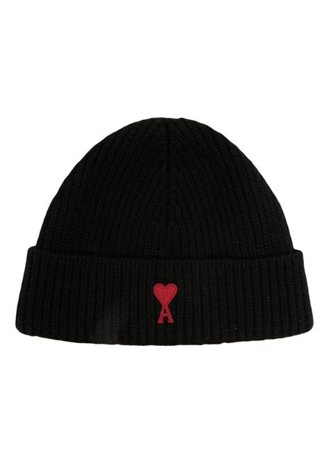 Black logo-embroidered ribbed-knit beanie - unisex AMI PARIS | BFUHA106018009