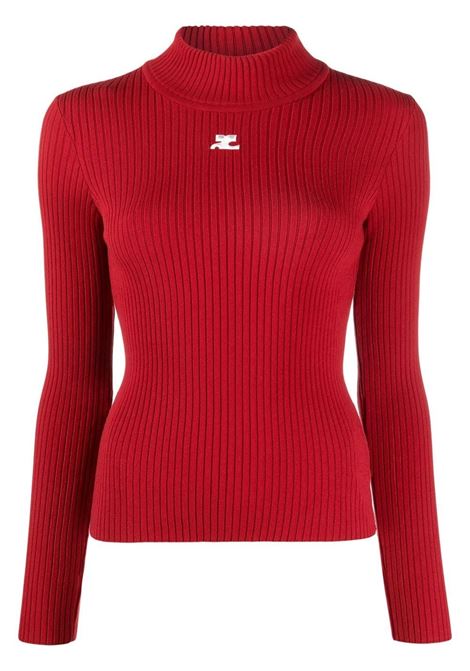 Red logo-embroidered roll-neck top Courr?ges - women