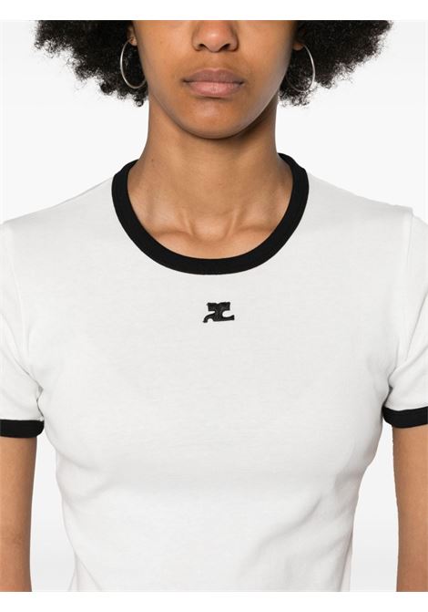 White and black logo-patch contrasting-trim T-shirt Courr?ges - women  COURRÈGES | VESJTS017JS00700098