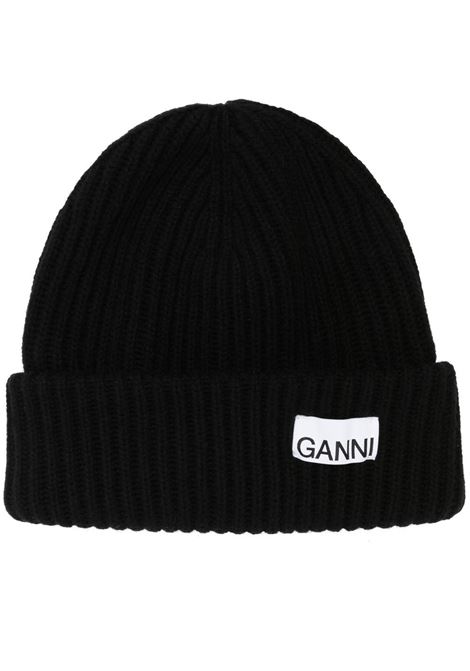 Black logo-patch ribbed-knit beanie - women