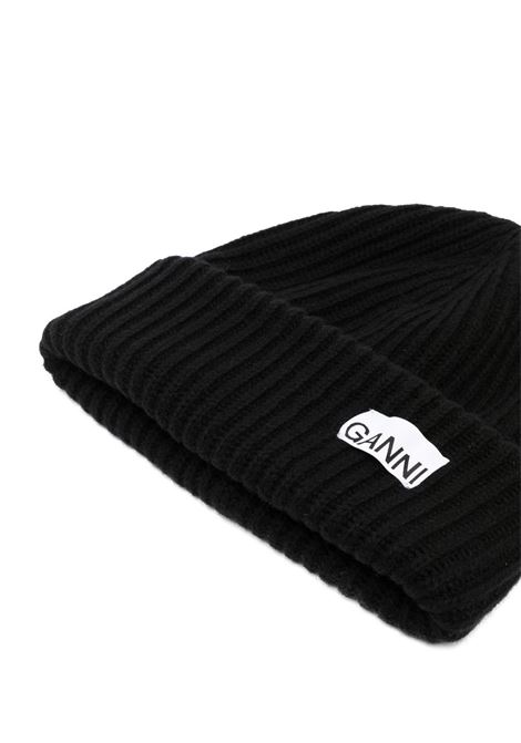 Black logo-patch ribbed-knit beanie - women GANNI | A4429099