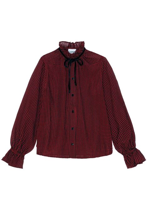 Camicia a quadri con ruches in borgogna Ganni - donna