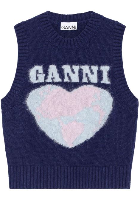 Canotta smanicata in lana con cuore a intarsi in blu Ganni - donna GANNI | K2219683