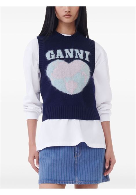 Canotta smanicata in lana con cuore a intarsi in blu Ganni - donna GANNI | K2219683