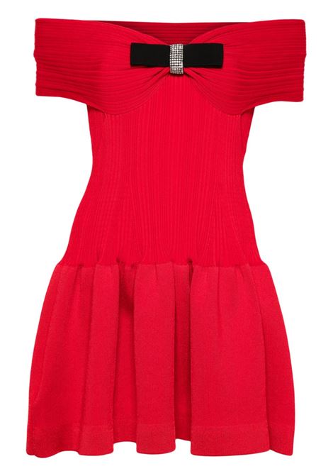 Red bow-detail ribbed mini dress Self Portrait - women