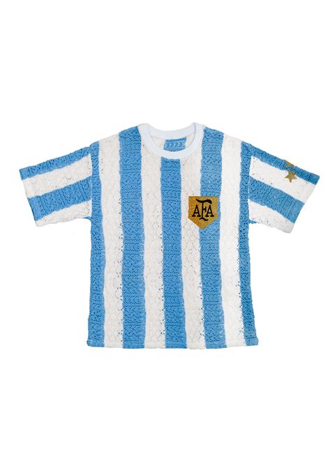 Light blue and white macrame design striped T-shirt Saints x Divincenzo - unisex SAINTS X DIVINCENZO | ARG10MLT