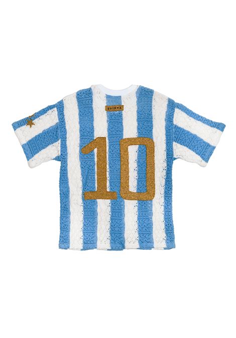 Light blue and white macrame design striped T-shirt Saints x Divincenzo - unisex SAINTS X DIVINCENZO | ARG10MLT