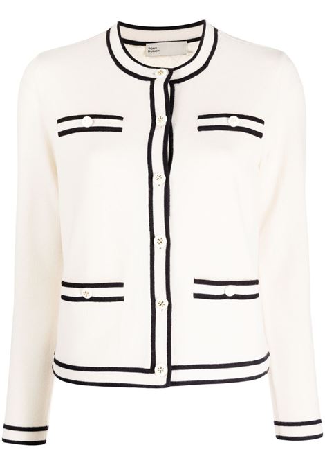 Cream contrast-trim round neck cardigan - women 