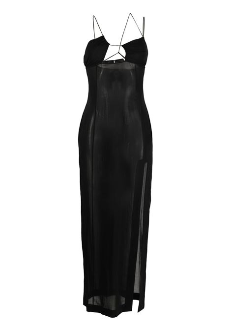 Black asymmetric semi-sheer midi dress - men NENSI DOJAKA | NDSS23DR095BLK