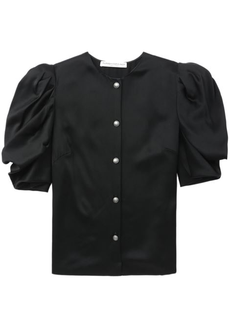 Black puff-sleeve collarless shirt - women
