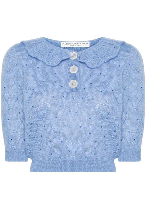 Maglione a maniche corte con cristalli in celeste - donna