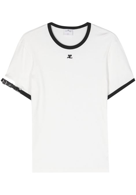 White logo-patch buckled-cuff T-shirt - women