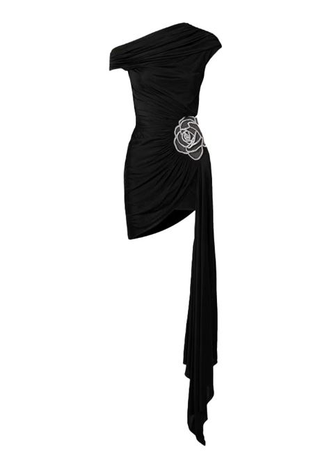 Black asymmetric ruched midi dress - women
