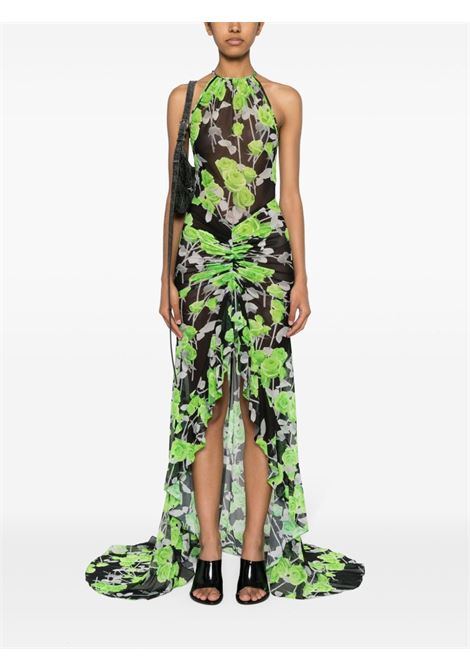 Green and black rose-print mesh maxi dress - women DAVID KOMA | SS24DK09DLGRNBLK