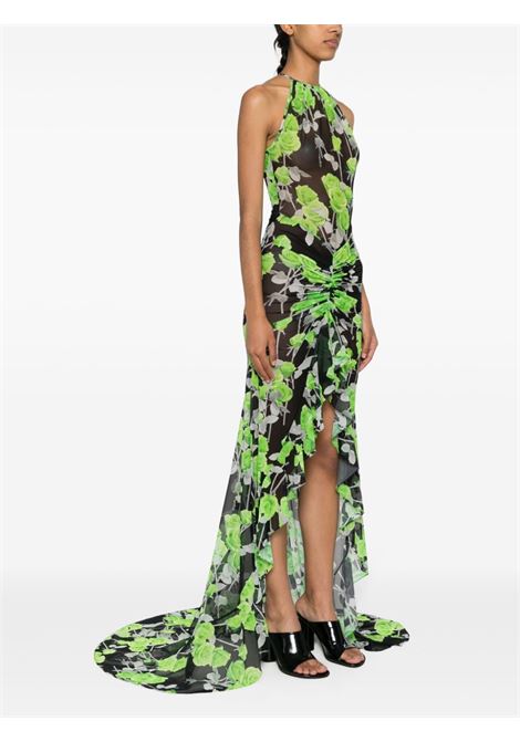 Green and black rose-print mesh maxi dress - women DAVID KOMA | SS24DK09DLGRNBLK