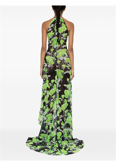 Green and black rose-print mesh maxi dress - women DAVID KOMA | SS24DK09DLGRNBLK