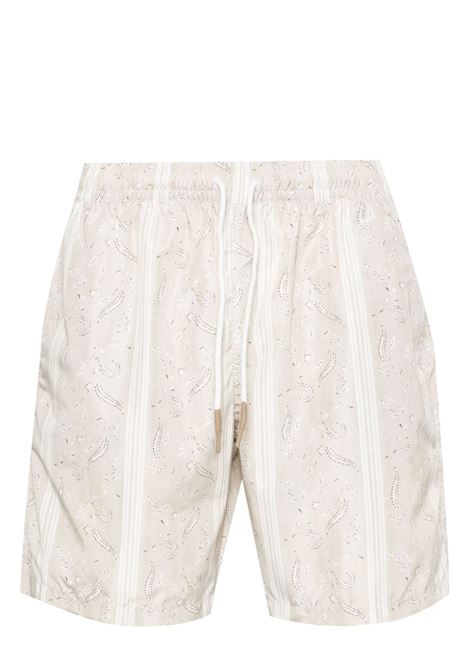 Beige floral-print swim shorts - men