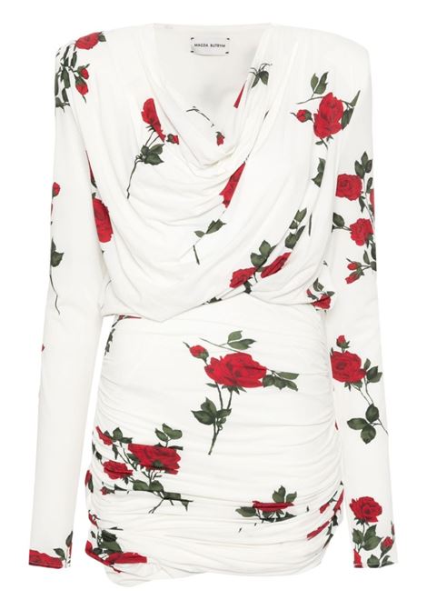 White rose-print draped mini dress - women