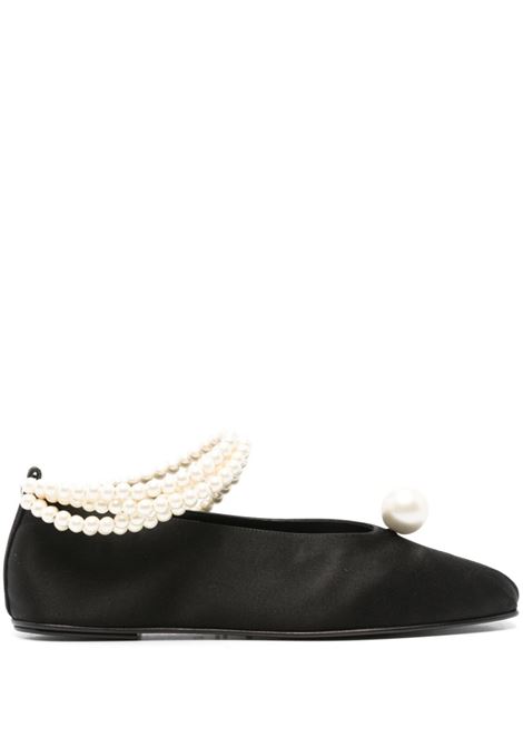 Black pearl-embellished satin ballerina shoes - women
