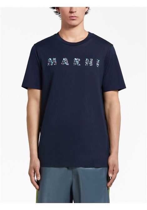 Blue logo-print T-shirt - men  MARNI | HUMU0198PQUSCW21FLB99