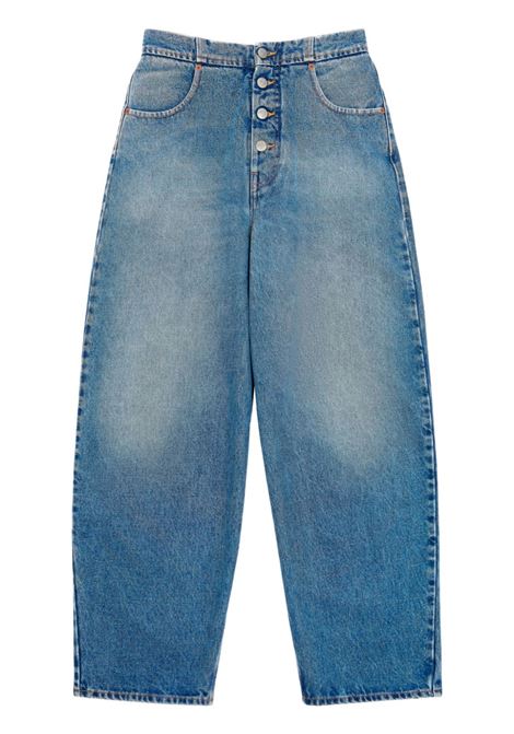 Light blue Distressed high-rise tapered jeans - women
