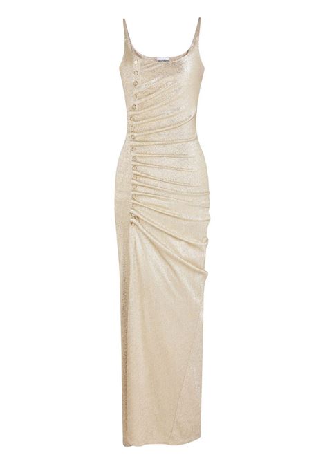 Gold-tone button-embellished ruched maxi dress - women