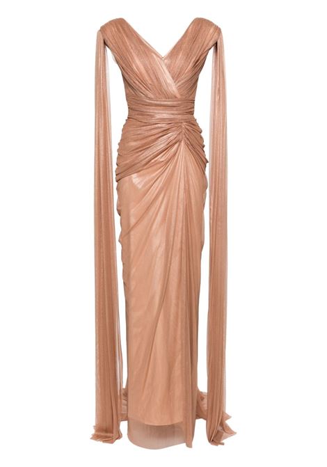 Bronze V-neck asymmetric ruched gown Rhea Costa - women RHEA COSTA | 23247DLGBRNZ