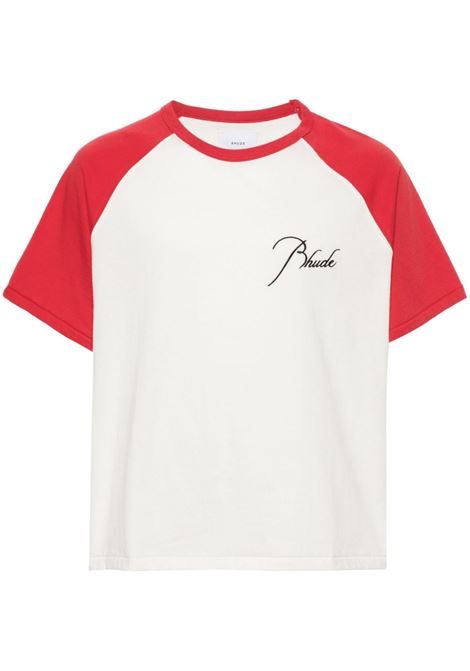 T-shirt a blocchi di colore con logo ricamato in bianco e rosso di Rhude - uomo