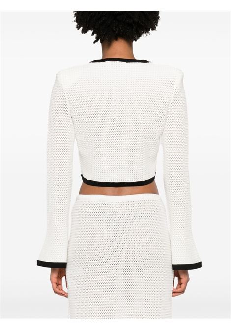 White and black pointelle-knit cropped cardigan - women SELF-PORTRAIT | SS24217JC