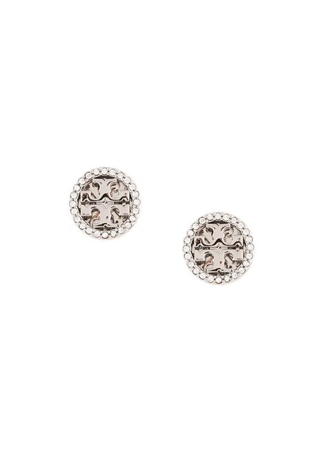 Silver crystal logo circle-stud earring - women