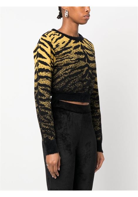 Black and yellow lurex-detail zebra-jacquard cropped jumper - women GCDS | FW23W38094904