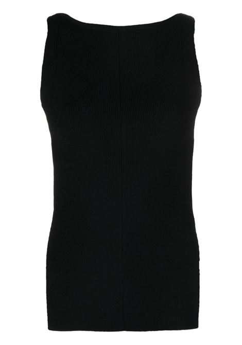 Black boat-neck ribbed tank top - women