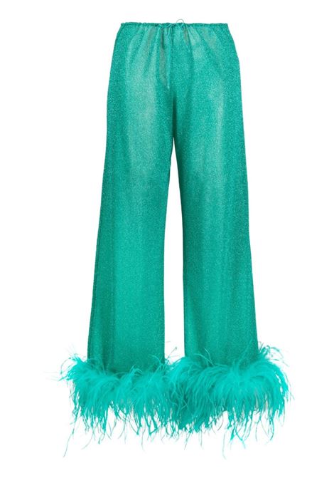 Green feather-trim wide-leg trousers - women