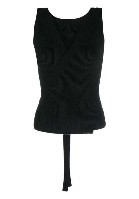 Black ribbed-knit wrap top - women