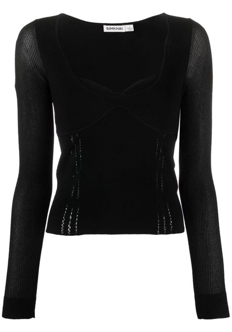 Black sweetheart-neck fine-knit top - women