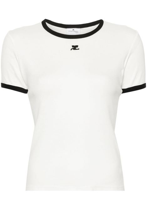 White and black logo-patch contrasting-trim T-shirt Courrèges - women COURRÈGES | T-shirt | VESJTS017JS00700098