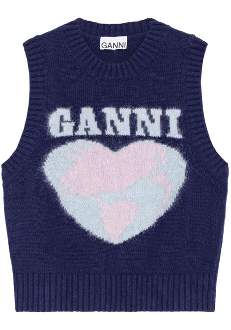 Canotta smanicata in lana con cuore a intarsi in blu Ganni - donna