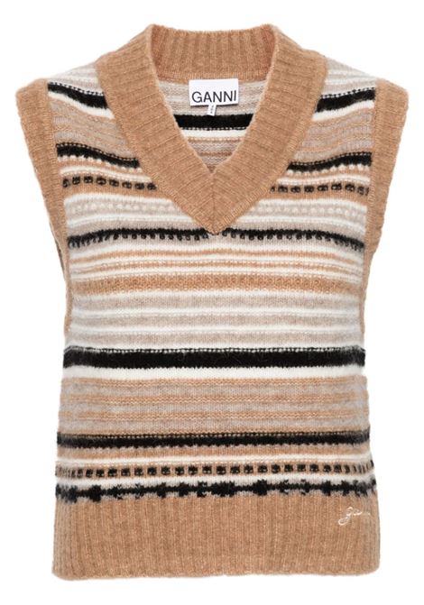 Brown alpaca wool striped sleeveless vest Ganni - women