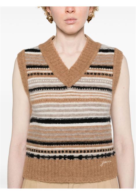 Brown alpaca wool striped sleeveless vest Ganni - women GANNI | K2236177