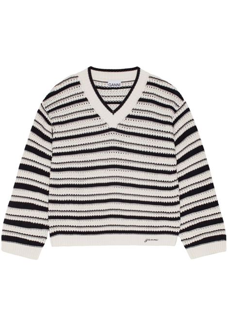 White and black striped open-knit jumper Ganni - women