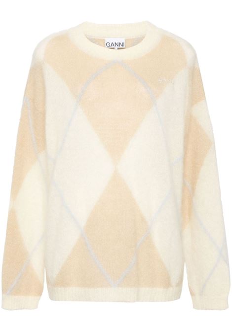 Beige mohair logo-embroidered argyle-intarsia jumper Ganni - women