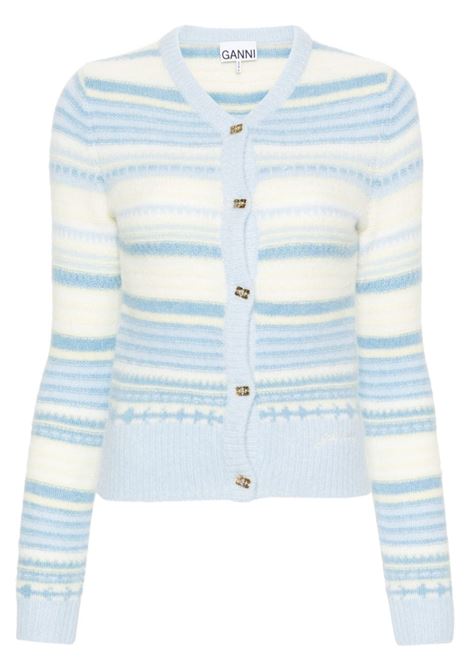 White and blu alpaca wool logo-buttons striped cardigan Ganni - women