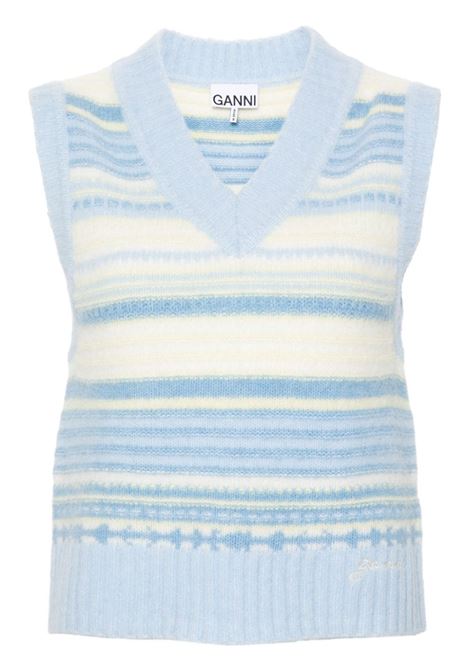 White and blue alpaca wool striped sleeveless vest Ganni - women