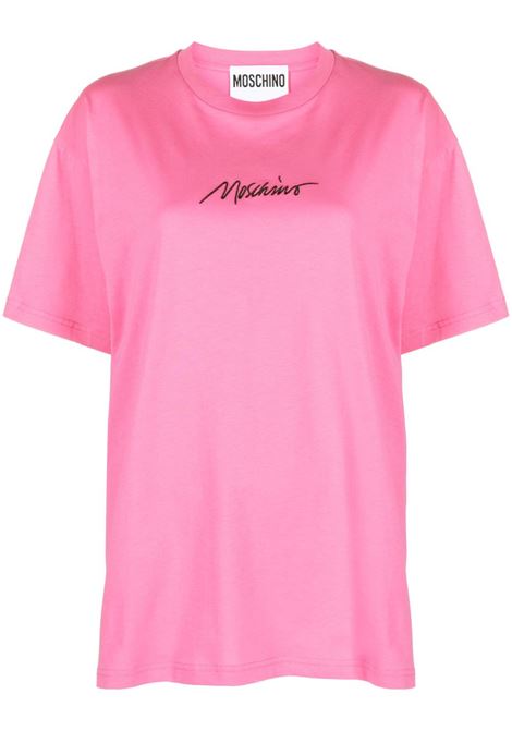 T-shirt con logo ricamato in rosa - donna