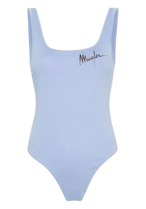 Silver blue logo-print bodysuit mugler - women