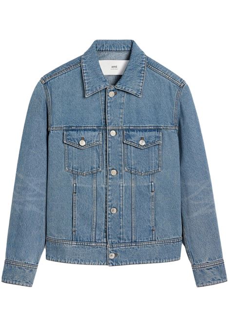 Blue logo-appliqué denim jacket Ami paris - men AMI PARIS | Outerwear | HJK247DE0046480