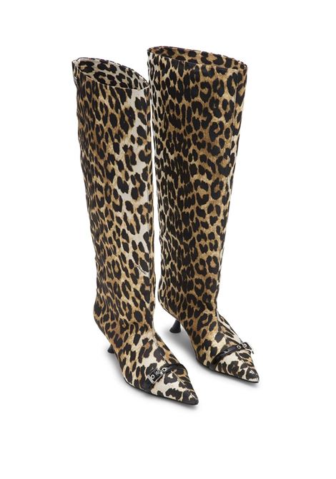 Brown leopard-print satin knee-length boots Ganni - women GANNI | S2877943