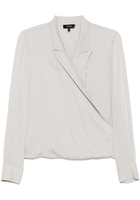 Light grey peak lapel wrap blouse Theory - women